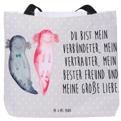 Produktbild von Mr. & Mrs. Panda Shopper Axolotl Freundin - Grau Pastell - Geschenk, Büchertasche, Tasche, Strandtasche, Liebe, Valentinstag, Reisetasche, Laptoptasche, Lurch, glücklich