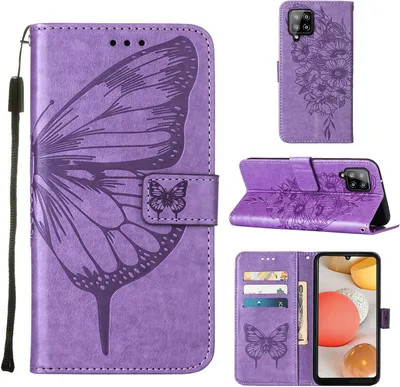 Produktbild von Galaxy A42 5G Hülle, Schmetterling Prägung Flip Leder Kartenfächer Schutzhülle Ledertasche mit Ständer für Samsung Galaxy A42 5G Violett