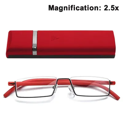 Produktbild von Klare Brille Halbrahmen-Lesebrille für Männer und Frauen Leichte Computerlesegeräte mit tragbarer Spiegelbox, elegantes Rot, +2,50