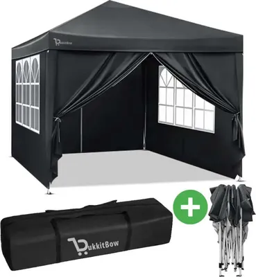Produktbild von BukkitBow – Partyzelt mit Seitenwänden – faltbares Zelt – wasserdicht und wetterfest – Gartenpavillon – 300 x 300 cm – Anthrazitgrau