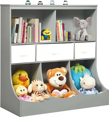 Produktbild von Kinderregal - Spielzeugregal und Bücherregal für Kinder - 5 Fächer - 3 Schubladen - 93×40×94 cm - Grau