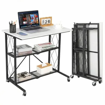 Image de Bureau sur roulettes - Table d'ordinateur portable et bureau d'ordinateur - Étagère à 3 niveaux - Pliable - Structure métallique avec plateau en bois - Avec espace de rangement - Pour le bureau et la maison - Blanc