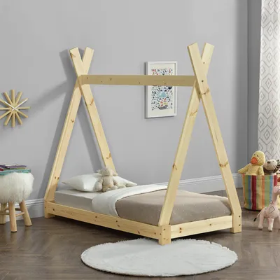 Produktbild von [en.casa] Kinderbett 70x140cm Natur Holz im Tipi-Design aus Kiefernholz Jugendbett Bett Holzbett Hausbett