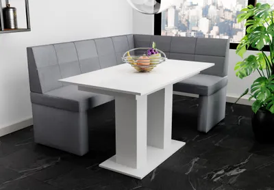 Produktbild von Eckbankgruppe 196x142 cm BLAKE XL L Stoff Soro Grau / Esstisch DANTE Weiß