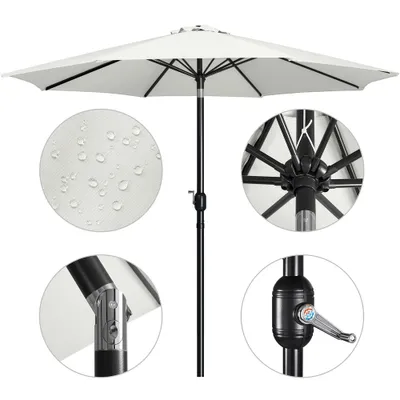 A collage of images showing details of a white patio umbrella.