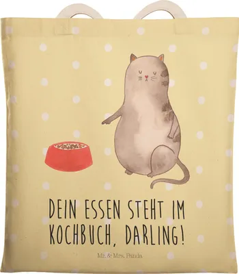 Produktbild von Mr. & Mrs. Panda Tote Bag Katze Fressen - Gelb Pastell - Geschenk, shopping, Einkaufstasche, taschen shopper, Tragetasche, Tasche, Katzenliebhaberprodukte