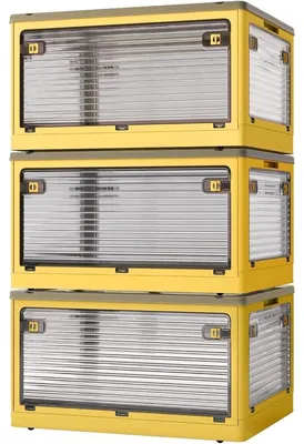 Productafbeelding van Set van 3 opbergboxen met deksel, 84 liter, kunststofboxen met wielen, inklapbare opbergboxen, transparant met vijf deuren, stapelbare opbergboxen, geel (60x42x100 cm)