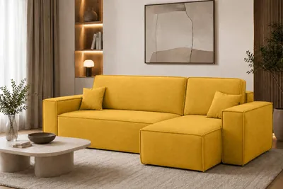 Image de Canapé d'angle Kaiser Möbel en forme de L, avec fonction couchage et coffre de rangement, revêtement en velours Bluvel, couleur or, côté droit, modèle BEST L