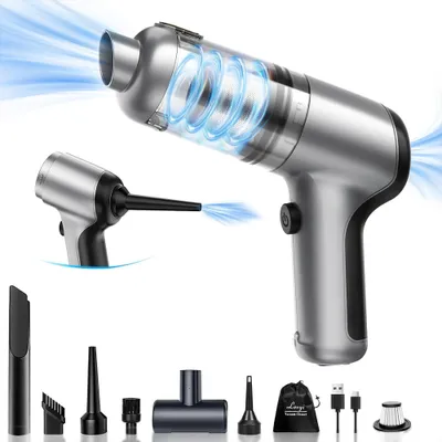 A silver and black cordless handheld vacuum cleaner with various attachments is displayed against a white background, with blue air flow graphics indicating its function.