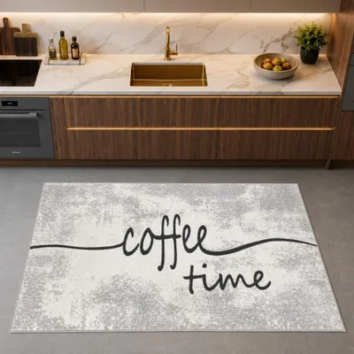 Obrázek produktu pro Koberec do kuchyně s grafickým vzorem, šedé barvy, s nápisem "Coffee Time" a strukturou. Rozměry: 80 x 200 cm