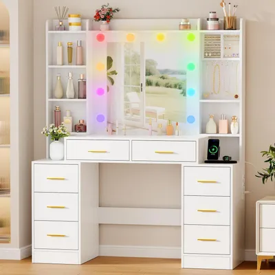 Immagine prodotto di Comò da trucco con illuminazione a LED, ampio specchio, luminosità regolabile, stazione di ricarica USB, ripiani regolabili e un grande cassetto