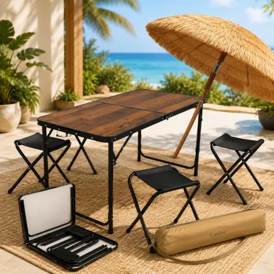 Image de Ensemble de mobilier de jardin pliable (2 pièces) – Table de jardin avec 4 chaises et un parasol de 170 cm