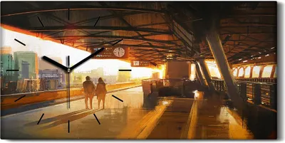 Produktbild von Wandbild Leinwand Bilder Wanduhr 60x30 Gemälde Bahnhof Paar Sonnenuntergang - schwarze Hände