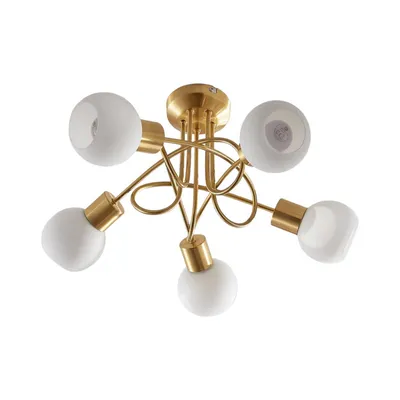 A close-up studio shot of a ceiling lamp with a brass finish and five white glass shades.