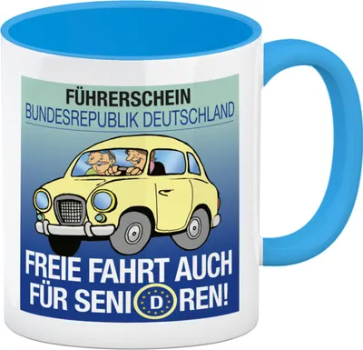 Produktbild von Freie Fahrt auch für Senioren Kaffeebecher in hellblau mit Oldtimer Motiv