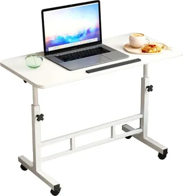 Obrázek produktu pro Mobilní stolek pod notebook – psací stolek na kolečkách – výškově nastavitelný 65–87 cm – sklopná pracovní deska o 180° – rozměry 40x80 cm – vhodný k posteli a pohovce – bílá barva