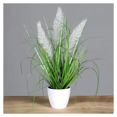 Produktbild von Palmengras-Busch im weißen Topf, ca. 38 cm, Kunstgrasarrangement, Kunstpflanze, Dekopflanze, Ziergras