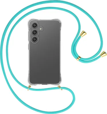 Produktbild von Handykette Backcover-Schutzhülle mit Band (Metall goldfarben) für Samsung S25 - türkis