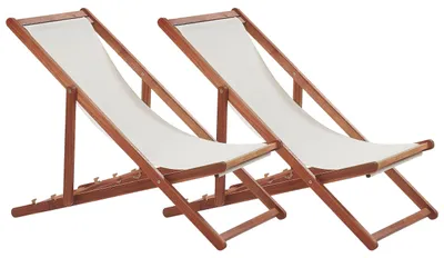 Produktbild von BELIANI Liegestuhl 2er Set Dunkelbraun Akazienholz mit Cremeweißen Bezug Klappbar Balkon Terrasse