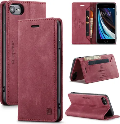 A collage of images showing a red iPhone SE 2022 wallet case from different angles, including its open and closed states, and its cardholder feature.