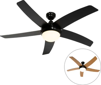Produktbild von QAZQA - Modern Smarter Deckenventilator mit beleuchtung schwarz mit Holzprint 132cm inkl. LED Dimmbar mit Fernbedienung - Cool Dimmer I Dimmbar I Wohnzimmer I Schlafzimmer - Stahl Rund - I (nicht aust