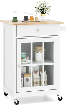 Produktbild von GOPLUS Küchenwagen mit Rollen, Küchenrollwagen mit Holzplatte, abschließbarer Schublade, Türschrank & verstellbare Regale, Servierwagen Holz für Küche