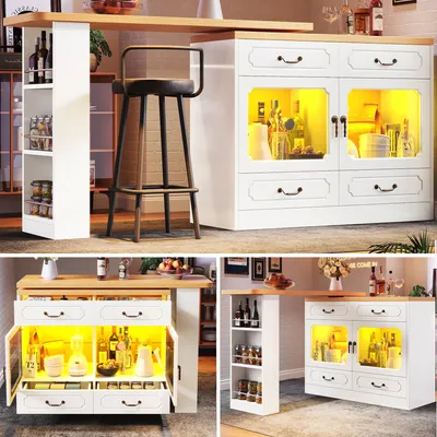 Image de Table de bar extensible 135-203 x 39 x 92,8 cm – pivotante à 360°, télescopique avec éclairage LED, table haute et îlot de cuisine, table de bar avec meuble de rangement, blanc