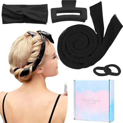 Produktbild von Heatless Curls Band Samt 5-teiliges Set– Locken ohne Hitze über Nacht, rutschfest, mit Haarnadel & Haargummis – Für mittleres & langes Haar