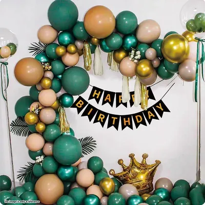 Produktbild von Luxus Ballonset – Geburtstag – Happy Birthday – Grün/Nude/Gold – Jungle Thema – Mit Blättern – Party Dekoration
