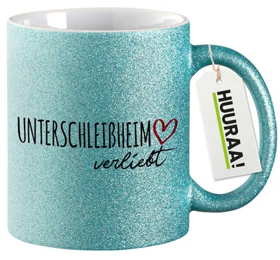 Produktbild von Huuraa Glitzertasse Unterschleißheim verliebt 330ml Blau Keramik Kaffeebecher Geschenkidee