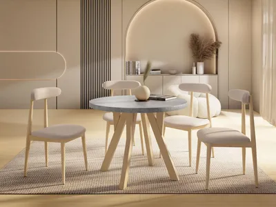 Produktbild von Runder Ausziehbarer Esstisch im Loft-Stil – Industrieller Tisch mit Holzbeinen – Platzsparender Tisch für Wohnzimmer – Beton Grau – 100 bis 140 cm