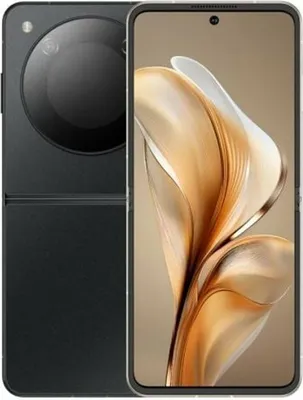 A black foldable smartphone is shown next to a screen displaying a floral pattern.