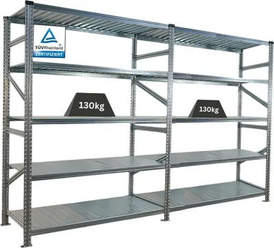 Produktbild von Fachbodenregal PROXIMO mit  Stecksystem | Komplettregal | HxBxT 200x300x70cm | 5 Ebenen | Fachlast 130 kg | Beidseitig nutzbar | Verzinkt