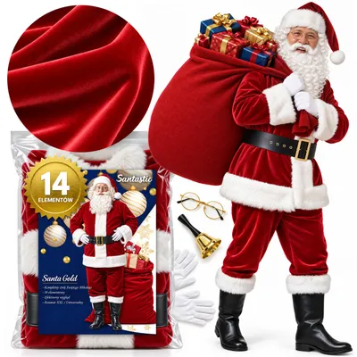 Produktbild von Santastic | Premium Weihnachtsmannkostüm 14-tlg., Samt, Bart, Haare, Geschenkesack, Brille
