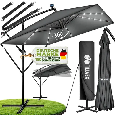 Obrázek produktu pro tillvex® Hliníkový slunečník obdélníkový Ø 330 cm se solární LED antracit + kryt s klikou | konzolový slunečník se stojanem a větrnou clonou | zahradní slunečník s UV ochranou, vodotěsný, otočný o 360° | slunečník s klikou na trhu