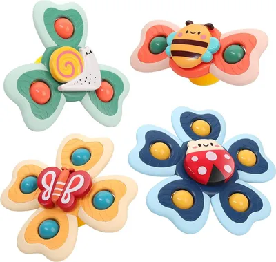 Produktbild von Saugnapf Spinner Spielzeug für Baby, 4Pcs Fidget Spinner  Top Saugspielzeug für Bad Fenster Hochstühle Flugzeug Reise