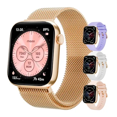 Produktbild von Maoo ProWatch, AMOLED Smartwatch, Roségold, Damen und Herren, Milanese-Armband, 3 Silikonarmbänder, Schrittzähler, Herzfrequenz, Roségold