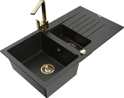 Produktbild von Mexen Matias 1,5-Becken-Granitspüle mit Abtropffläche und Mischbatterie Rita, Schwarz/Gold - 6502-75-670300-50