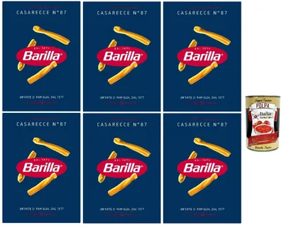 Produktbild von Barilla Casarecce N.87 – 6×500 g Hartweizenpasta, gedrehte Röhren für Saucen & Ofengerichte, al dente in 12 Min., hergestellt in Italien + Italian Gourmet polpa