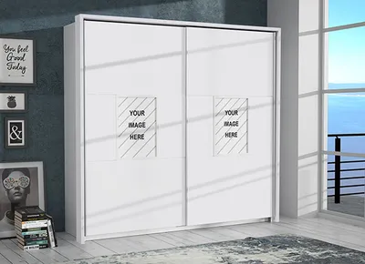 Produktbild von Schwebetürenschrank Schlafzimmerschrank weiß 231cm Bilderrahmen