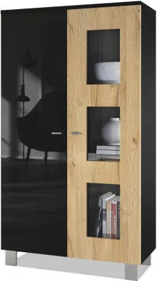 Produktbild von Vladon Vitrine Denjo,  Germany, Standvitrine mit 2 Türen und 3 Glaseinsätzen, Schwarz matt/ Schwarz Hochglanz/ Eiche Natur (71 x 129 x 35 cm)