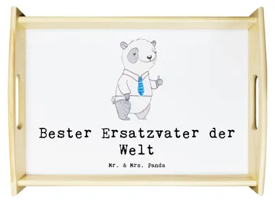 Produktbild von Mr. & Mrs. Panda Tablett Panda Bester Ersatzvater der Welt - Weiß - Geschenk, Geschenkidee, Geburtstag, Familie, serviertablett holz, Deko, Papa, Dekotablett, Sofa, Vater