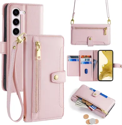 Produktbild von Handykette Samsung Hülle mit Band Handyhülle Kartenfächer Kunstleder Umhängetasche Galaxy S22 Rosa