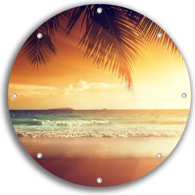 Produktbild von Wallario rundes Outdoor-Poster für Garten oder Balkon, Motiv Sonnenuntergang am Strand in der Karibik, 30 cm Durchmesser