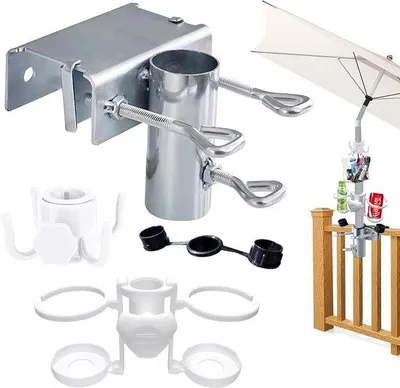 Zdjęcie produktu dla Metalowy uchwyt na parasol z zaciskiem i haczykiem - na taras, do ogrodu, na balkon. Solidny stojak na parasol. Odpowiedni do parasoli.