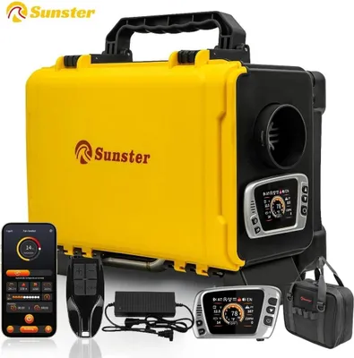 Immagine prodotto di Riscaldatore da parcheggio diesel - 8 kW portatile con borsa di stoccaggio - 12V DC e 110-240V AC - App Bluetooth, LCD e telecomando - Serbatoio da 6 L - 20-25 m² - nero