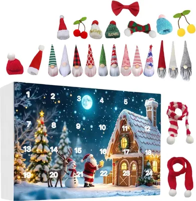 A Christmas advent calendar with a winter scene, featuring a gingerbread house, Santa, a snowman, a reindeer, and Christmas trees. Small gnome figures and festive accessories are displayed above the calendar.