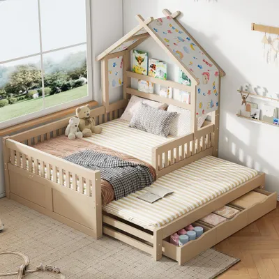 Produktbild von Kinder Hausbett Kiefer Holz 140x200 cm mit Ausziehbett und 3 Schubladen Rausfallschutz Stabiles Plattformbett, cremefarben