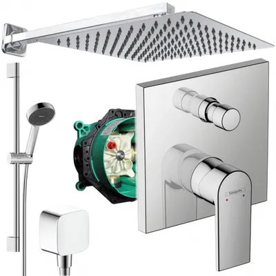 A collage of shower system components including a shower head, shower arm, hand shower, control valve, and an internal valve body.