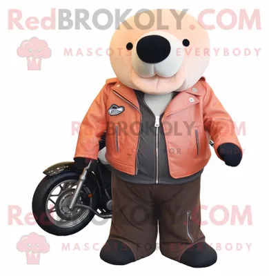 Productafbeelding van Peach Stellar S Sea Cow mascotte REDBROKOLY kostuum karakter gekleed met een motorjack en pochetten